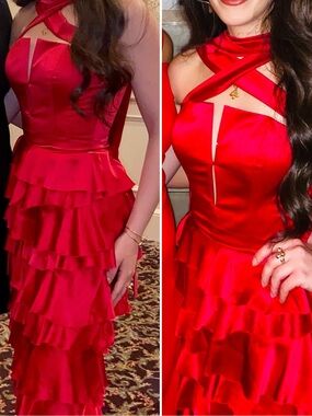 Red One-Shoulder Ruffle Satin Dress